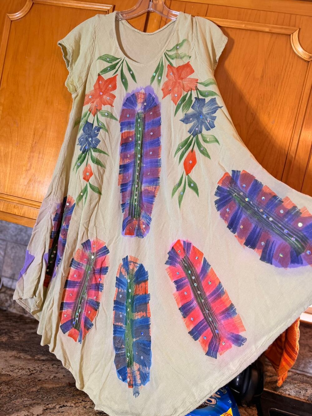 Feather design gauze summer lightweight sleeveless dress 2XL